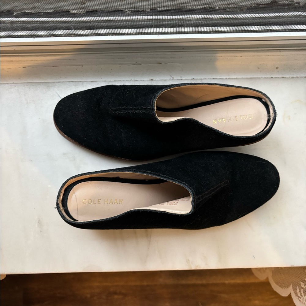 Cole Haan Black Suede Mules with Brown Heel - Picture 3 of 3